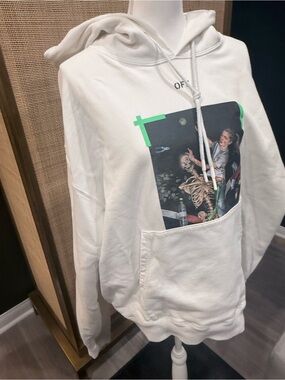 Off-White Cream Graphic Crewneck Hoodie with Neon Green Accents